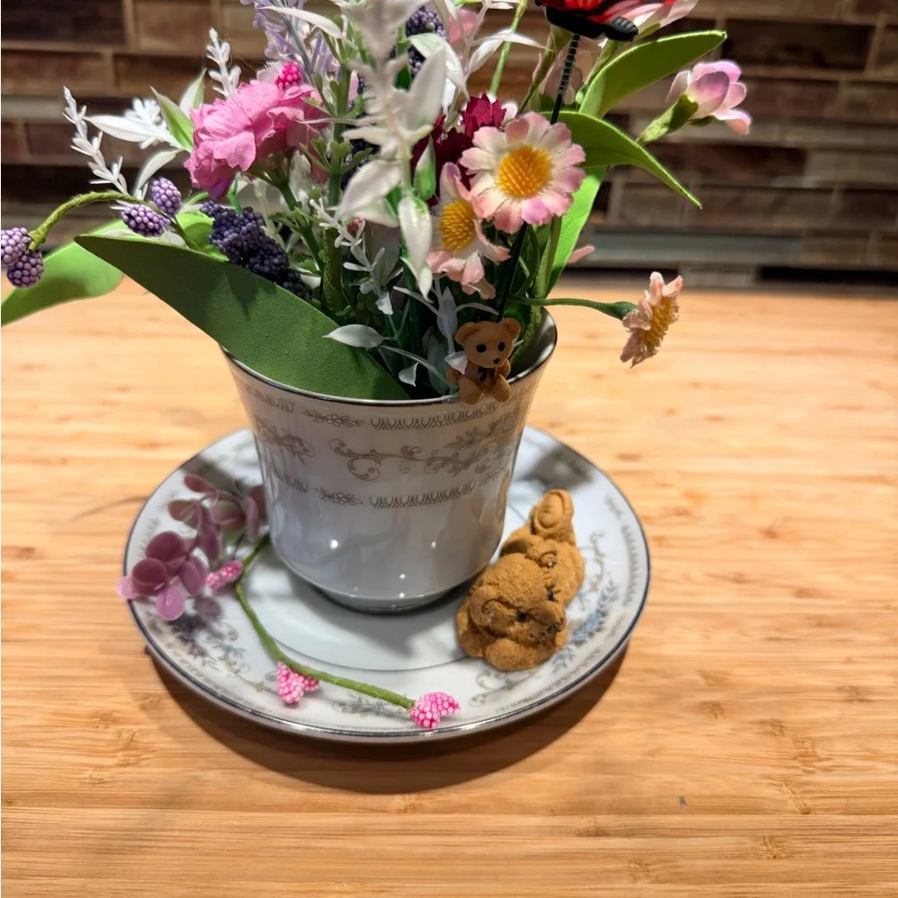 Floral Arrangement in a vintage teacup and saucer with Butterfly Accent - Picture 3 of 6